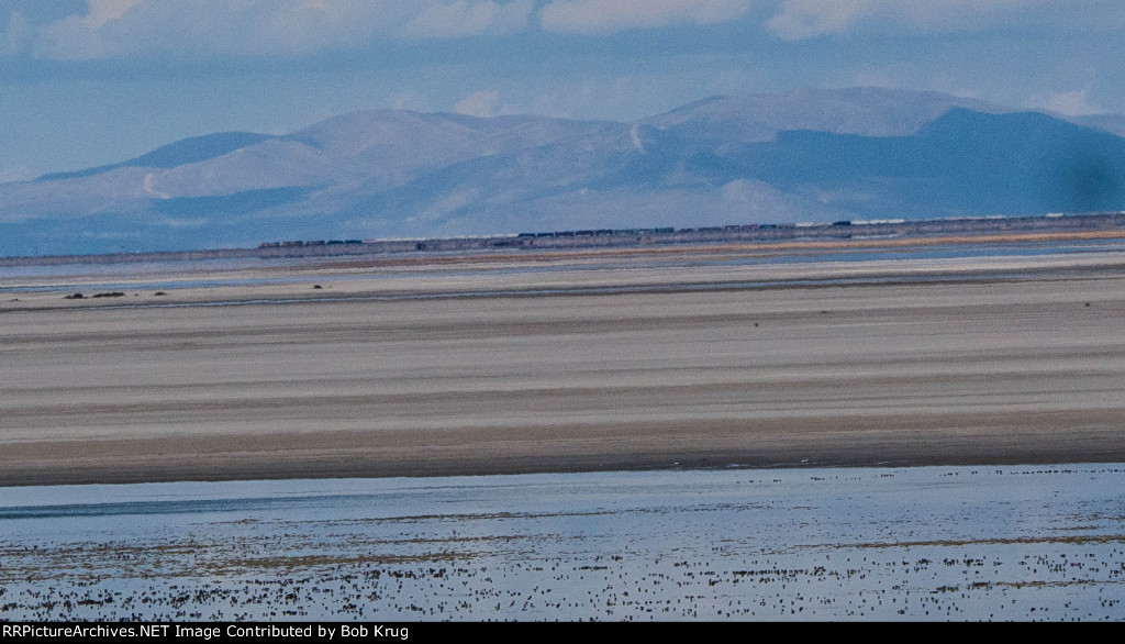 Westbound UP freight train crossing the Great Salt Lake Causeway / UP's Lucin Cutoff